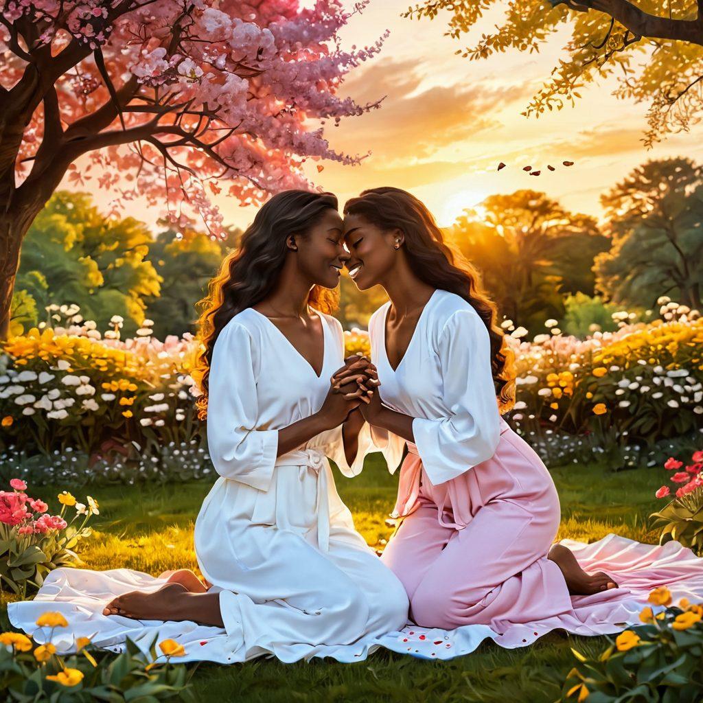 A warm, inviting scene of two women sharing a heartfelt moment in a beautiful park, surrounded by blooming flowers symbolizing friendship and love. Their expressions radiate joy and empowerment, with a soft sunset casting a golden glow over them. In the background, subtle illustrations of hearts and unity symbols blend into the scenery, enhancing the theme of romance and empowerment. vibrant colors. super-realistic.