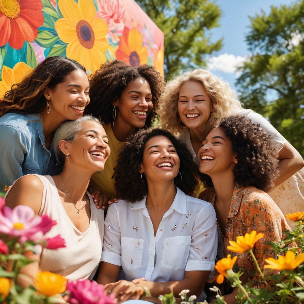 A diverse group of women of different ages and backgrounds, joyfully sharing stories in a sunlit park, surrounded by blooming flowers symbolizing growth and connection. Their expressions radiate confidence and warmth, showcasing deep bonds of support. In the background, a soft, colorful mural depicting love and empowerment enhances the scene. vibrant colors. super-realistic. natural light.
