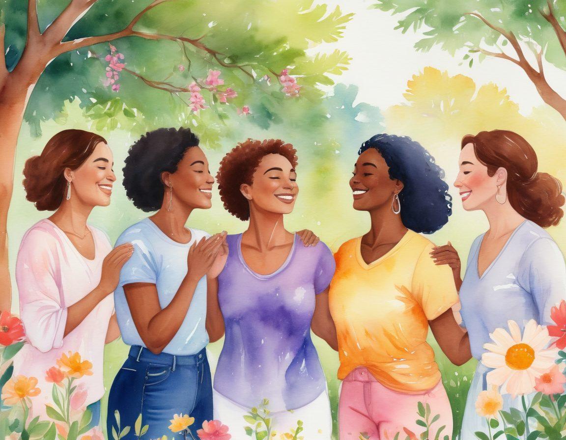 A diverse group of strong women engaged in various acts of self-care and connection in a vibrant park, showcasing their empowerment through joyful interactions and supportive gestures. They radiate warmth and love, surrounded by blooming flowers and soft sunlight filtering through trees. The scene symbolizes unity, strength, and the importance of self-love. colorful watercolor. soft-focus. uplifting atmosphere.